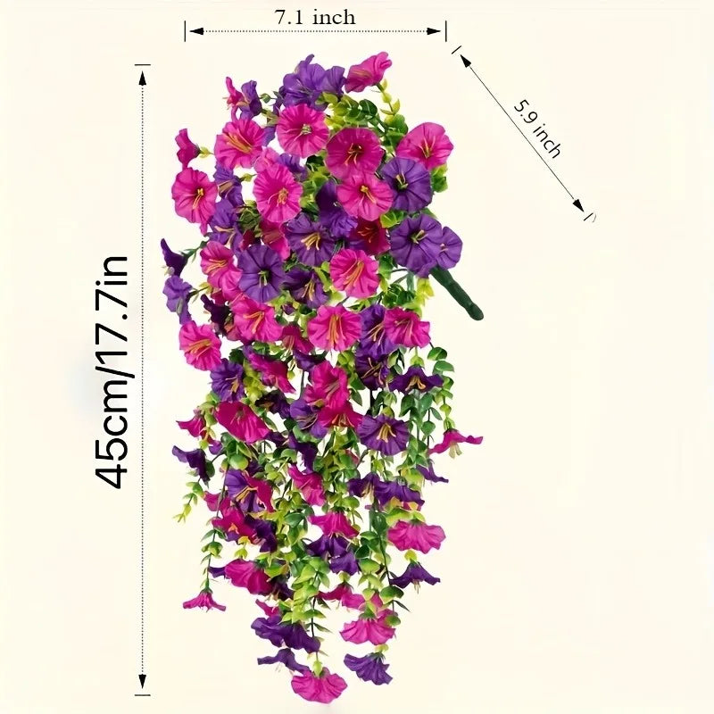 A vertical silk peony hanging garland featuring vibrant pink and purple flowers.