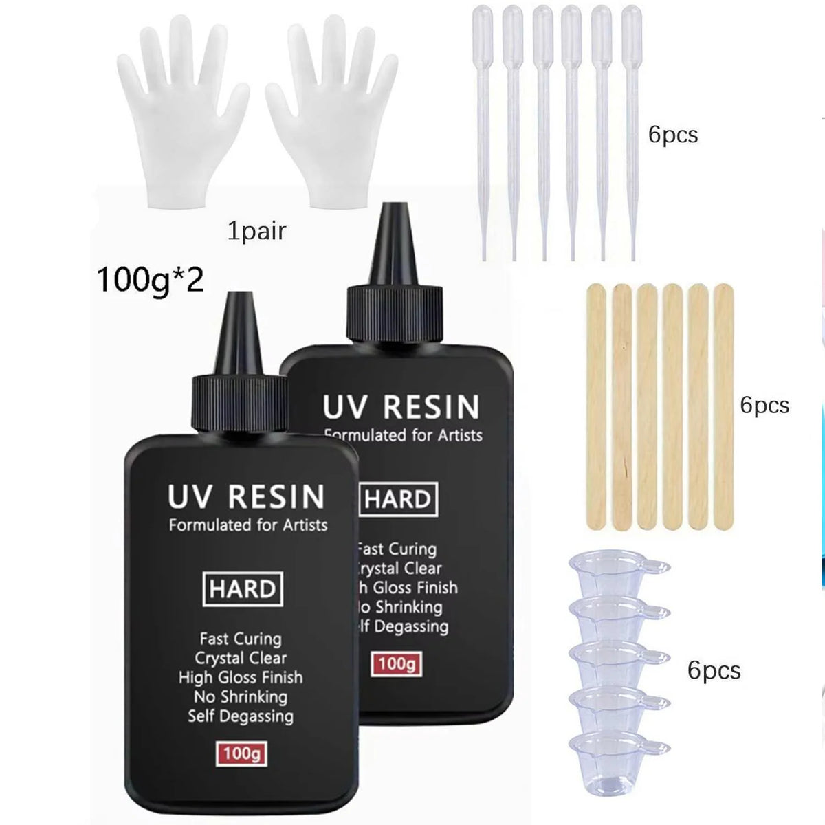 Black UV resin bottles and white gloves with 6 pieces of resin included