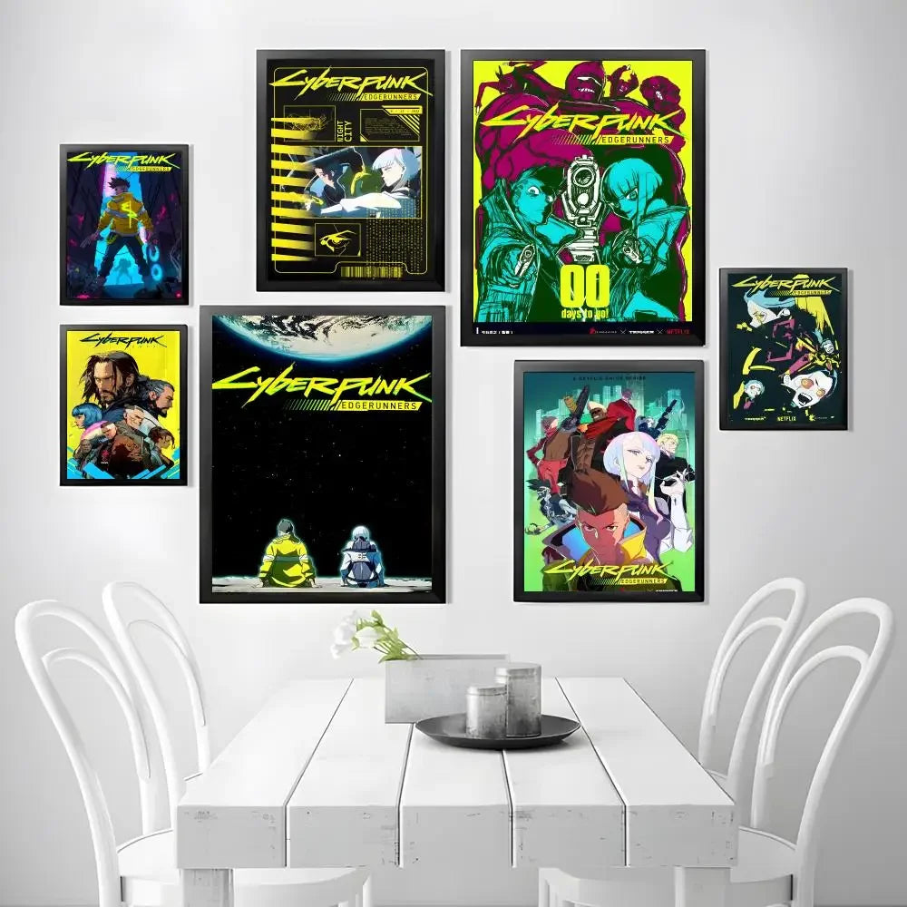 A collection of nine posters featuring the Cyberpunk Edgerunners theme displayed on a white wall above a wooden table.