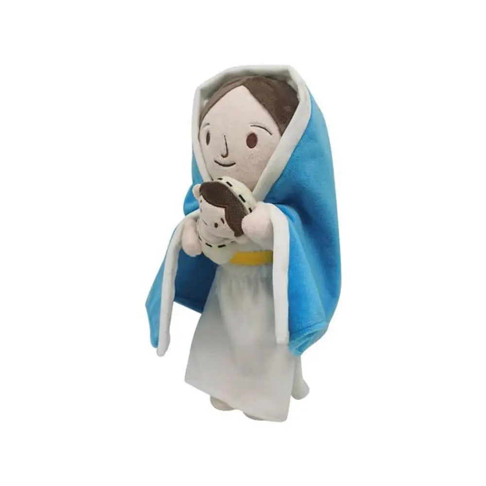 A soft religious figurine set featuring Jesus and Mary in white and blue fabric.