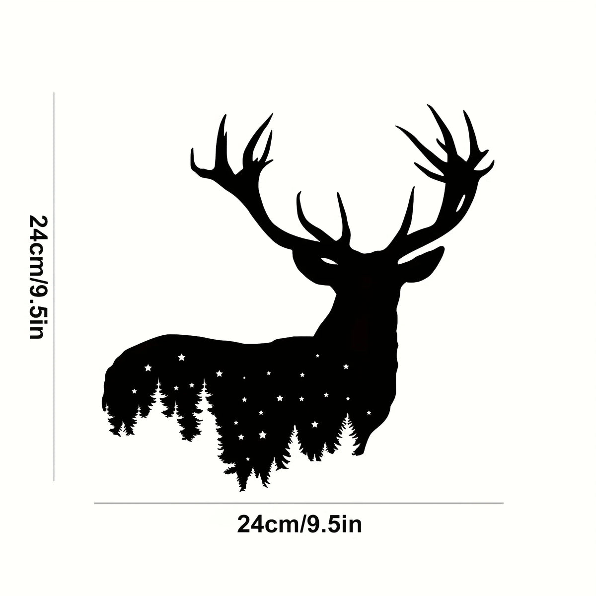 Black metal deer head wall sculpture silhouette with antlers and a body of stars.