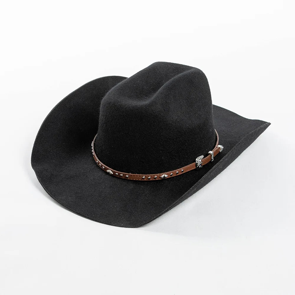 A black wool cowboy hat with a studded leather band.