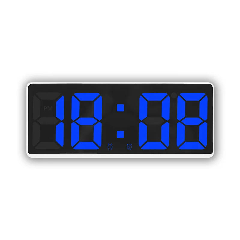 A digital alarm clock displaying 18:00 in bright blue LED numbers on a black background.