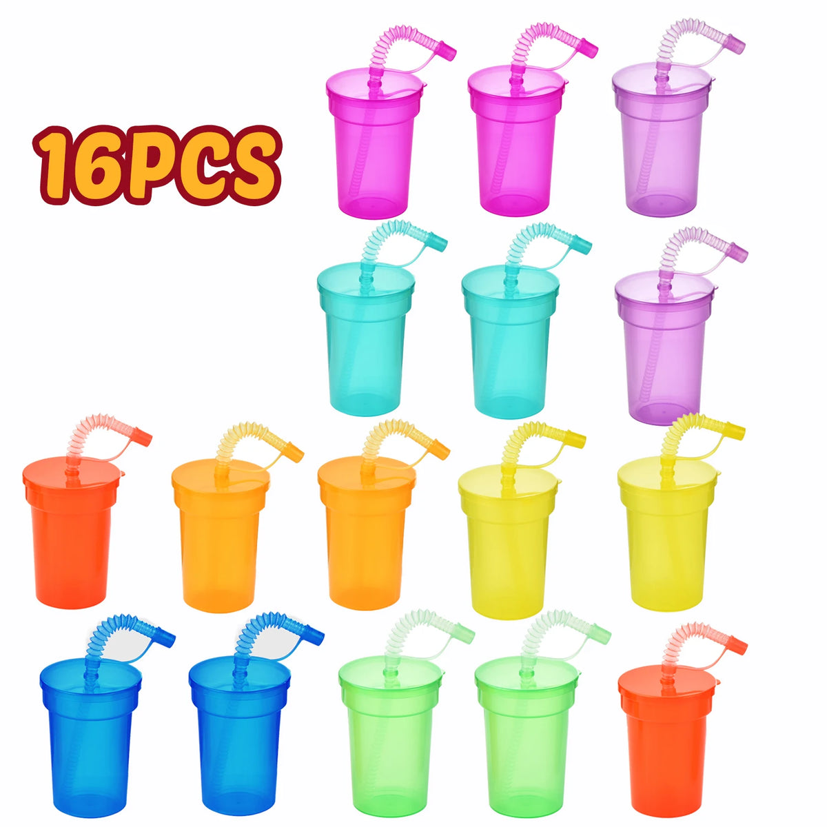 A collection of 16 reusable neon colored sipper cups with spill-proof lids and straws in various shades.