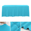 A bright cyan stretch rectangle tablecloth draped over a table, showing its pleated texture and fabric detail.