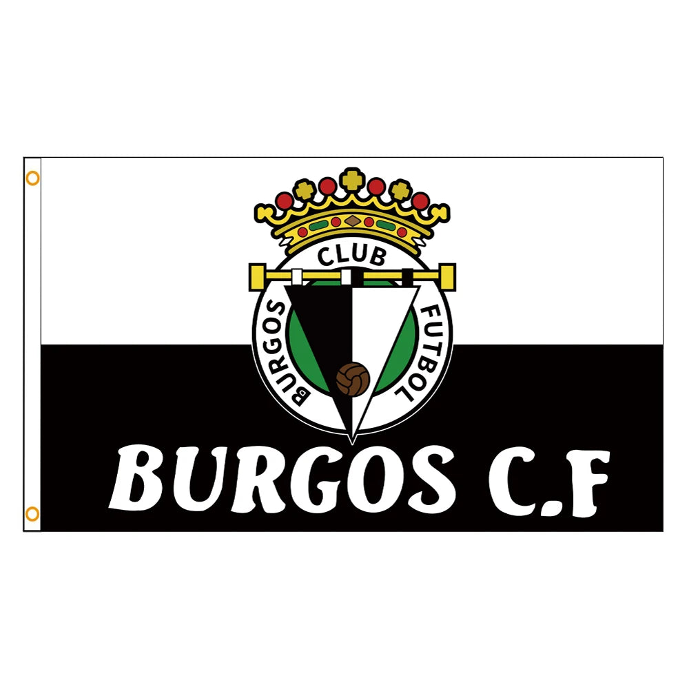 A black and white banner featuring a crown, club emblem, and the text BURGOS C.F.