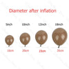 A set of latex balloons in various sizes, including 5 inch, 10 inch, 12 inch, and 18 inch diameters, in a neutral brown shade