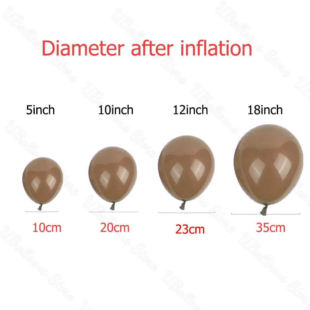 A set of latex balloons in various sizes, including 5 inch, 10 inch, 12 inch, and 18 inch diameters, in a neutral brown shade