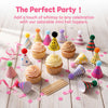 A collection of adorable mini hat toppers decorating cupcakes and celebrating a party.