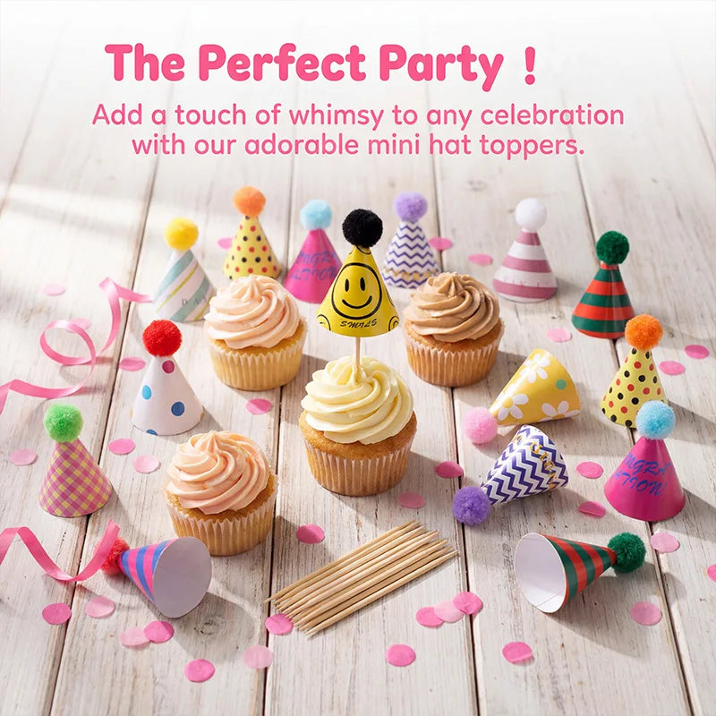 A collection of adorable mini hat toppers decorating cupcakes and celebrating a party.