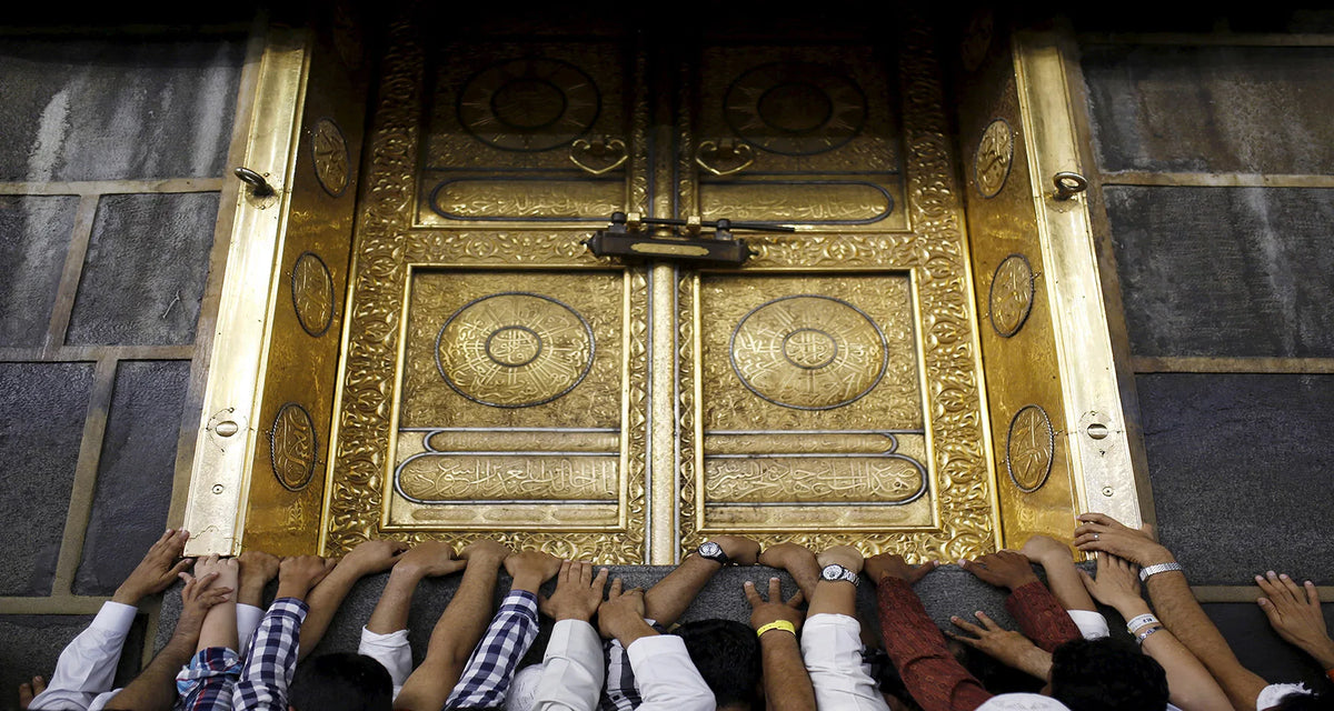 A group of people are reaching towards ornate golden doors decorated with circular patterns, likely a canvas wall art print.