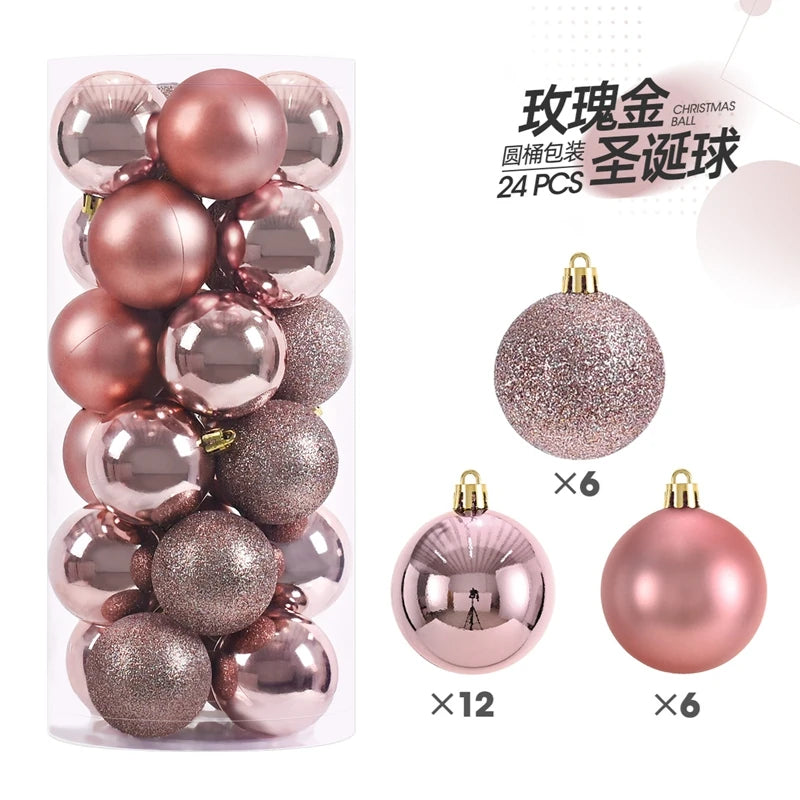 A set of 24 festive Christmas ball ornaments in rose gold and silver glitter finishes for holiday decoration.