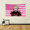 A tapestry featuring an anime character, Bakugo Katsuki, against a pink and white American flag background.