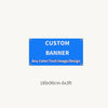 A blue banner sign with the text CUSTOM BANNER and options for color, text, image, or design.