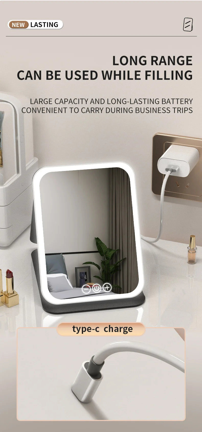 Miroir de maquillage LED dimmable longue portée, mettant en valeur sa grande capacité et sa longue durée de vie.
