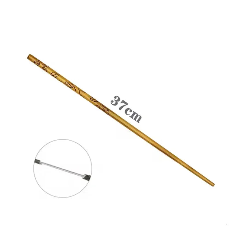 A long, slender wooden magic wand with intricate carvings, measuring 37cm.