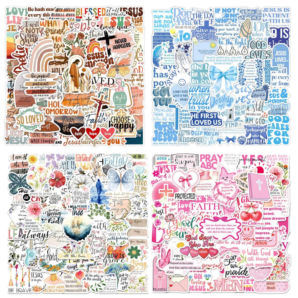 A collection of Jesus phrase graffiti stickers for waterproof motivational decor featuring various inspirational words and de