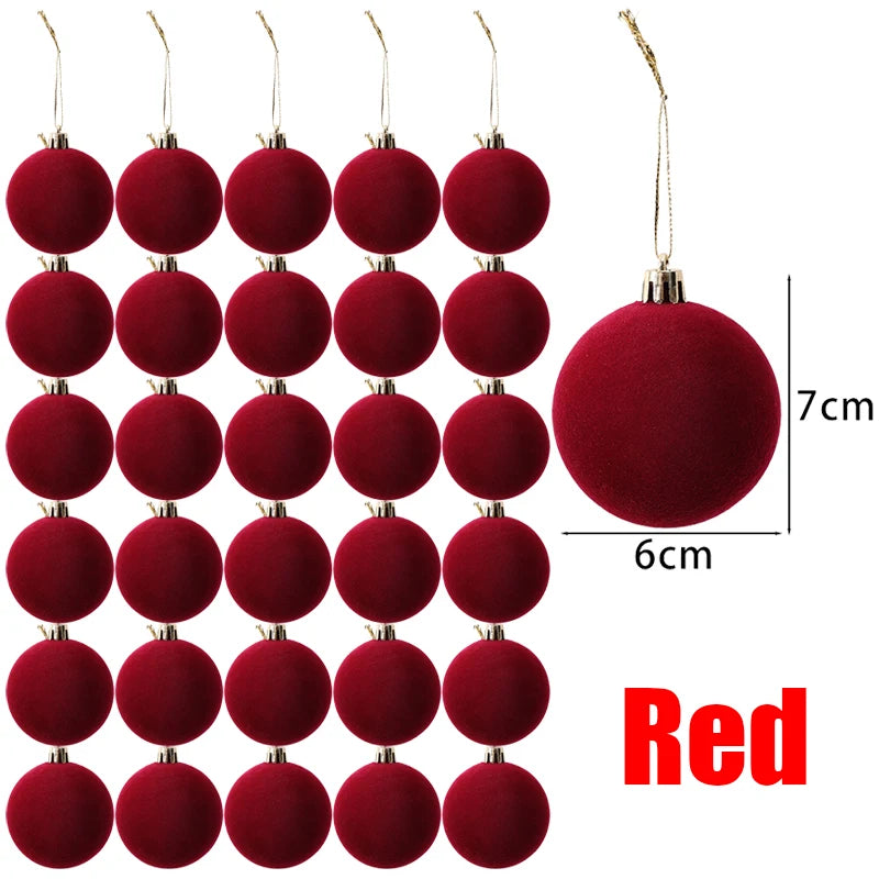 A set of 30 deep red velvet flocked Christmas ball ornaments, showing various sizes and a scale.