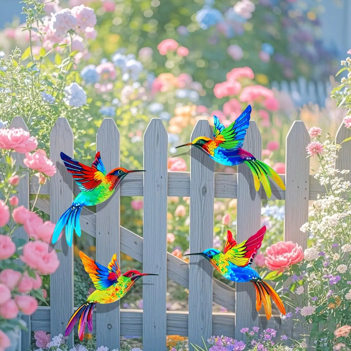 A vibrant hummingbird in rainbow colors perches on a wooden fence amidst pink and purple flowers.