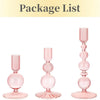 A package list showing three pink wavy glass taper candle holders.