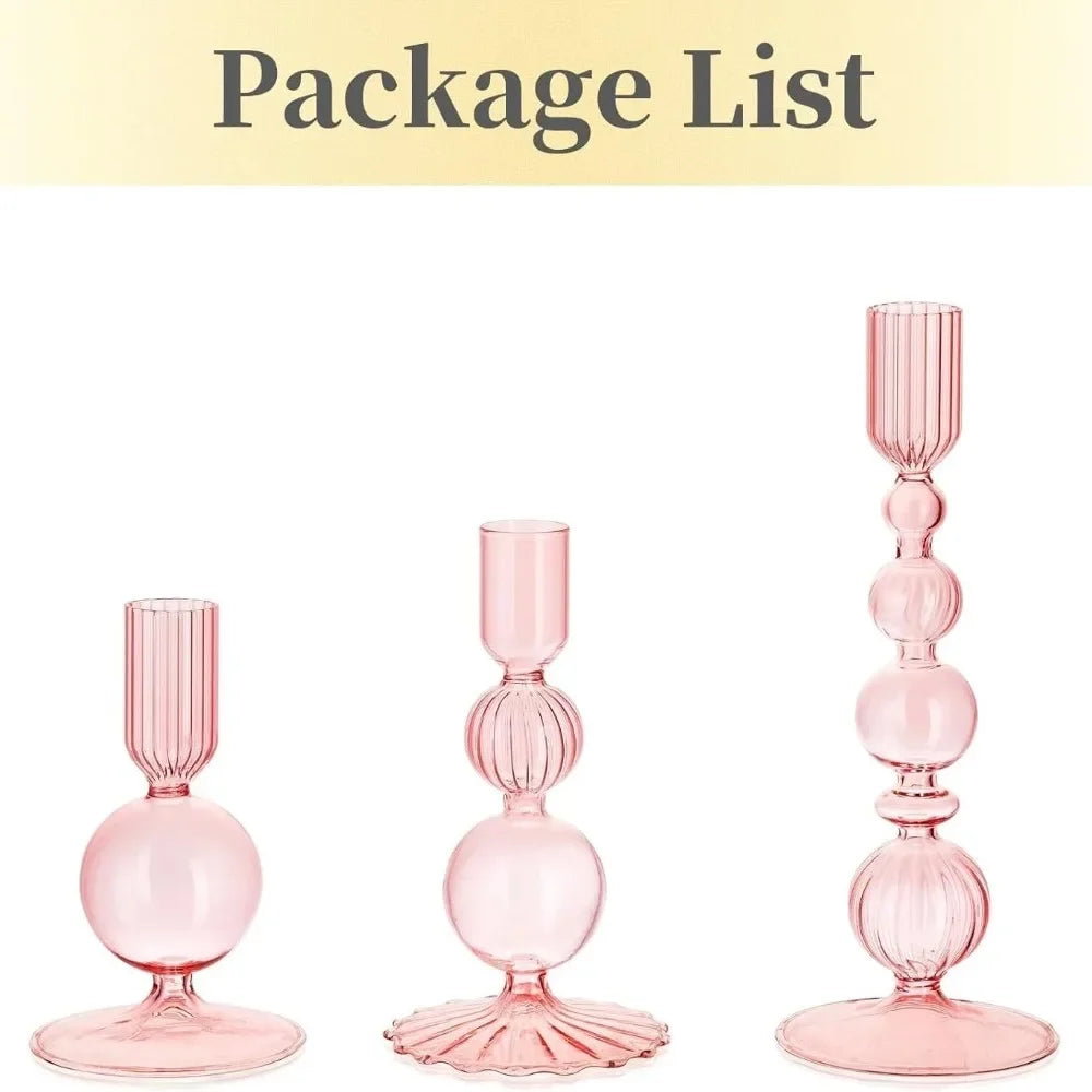 A package list showing three pink wavy glass taper candle holders.