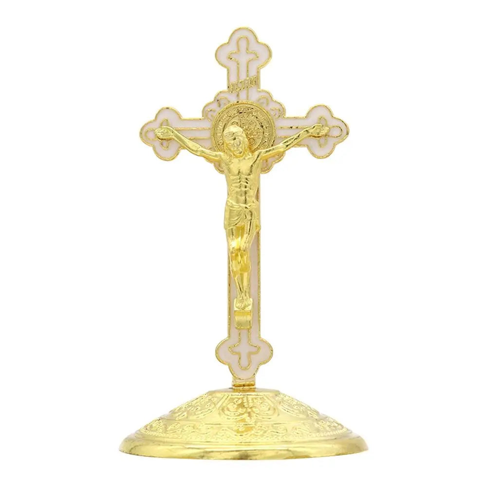 Golden Crucifix Figurine with Enamel Accents