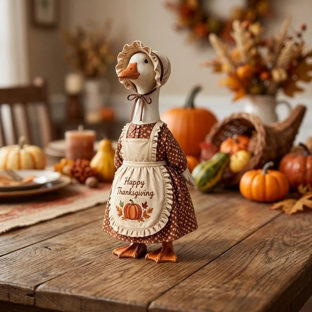 A ceramic goose figurine wearing a patterned outfit and headband, displayed on a wooden table with autumn decor.