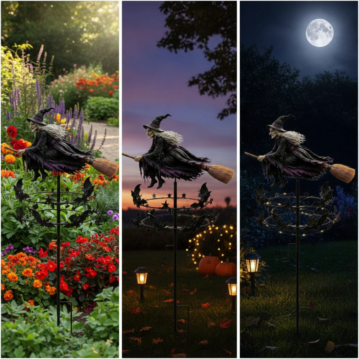 A whimsical witch wind rotor garden decor sculpture silhouetted against a twilight sky with a full moon.