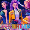 Three female fantasy characters in colorful outfits posing for a happy birthday backdrop.