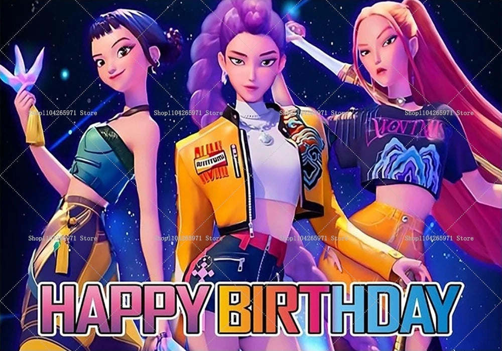 Three female fantasy characters in colorful outfits posing for a happy birthday backdrop.