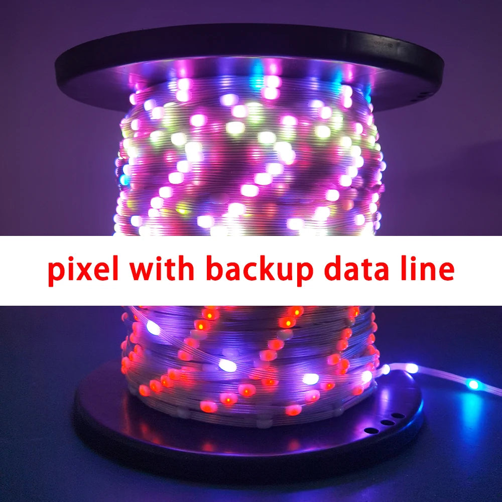 A cylindrical string of addressable LED lights with a backup data line illuminating various colors.