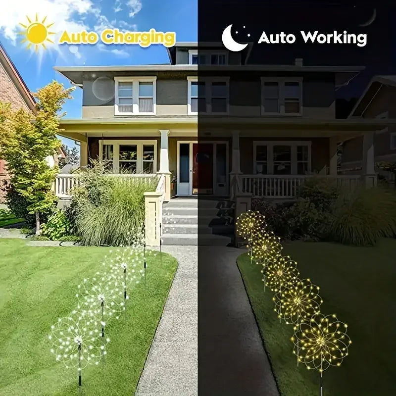 A split image showing auto charging and auto working solar fireworks garden lights with remote control.