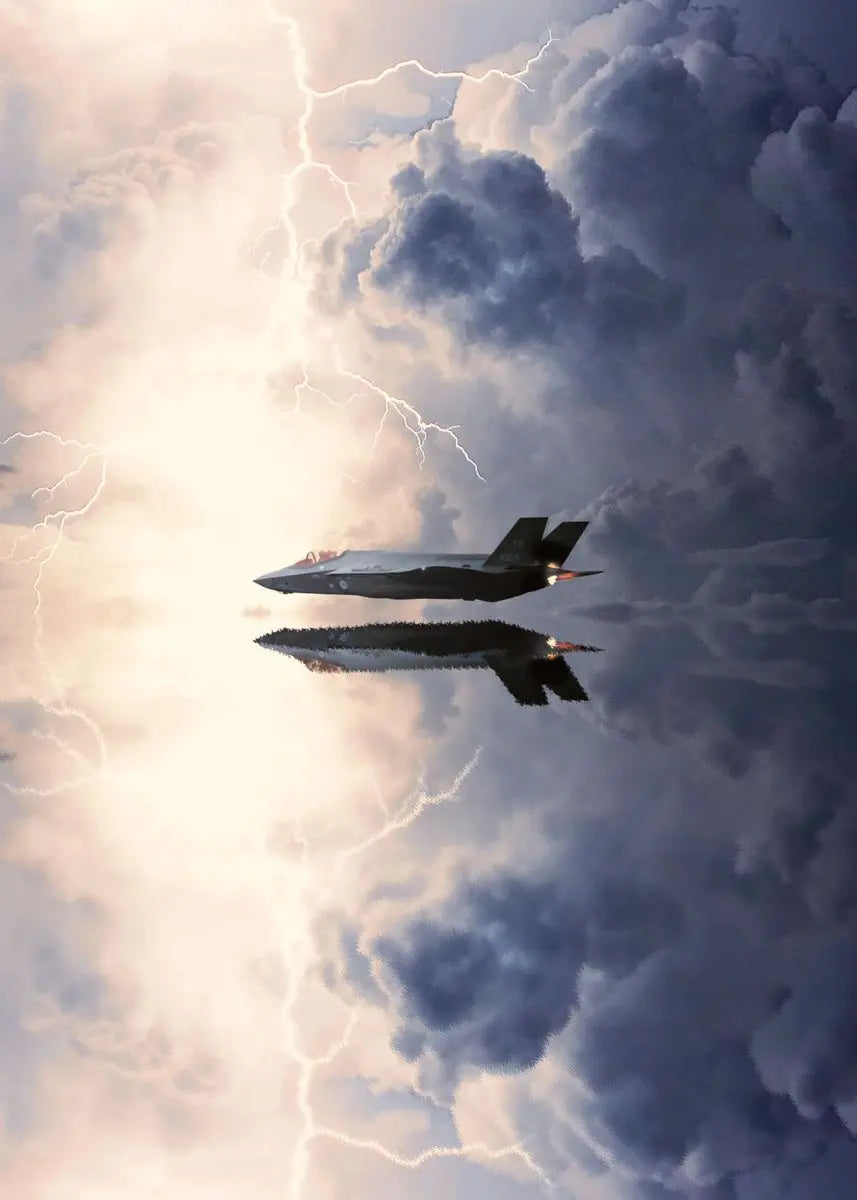A military jet aircraft silhouetted against a bright lightning flash and dark storm clouds.