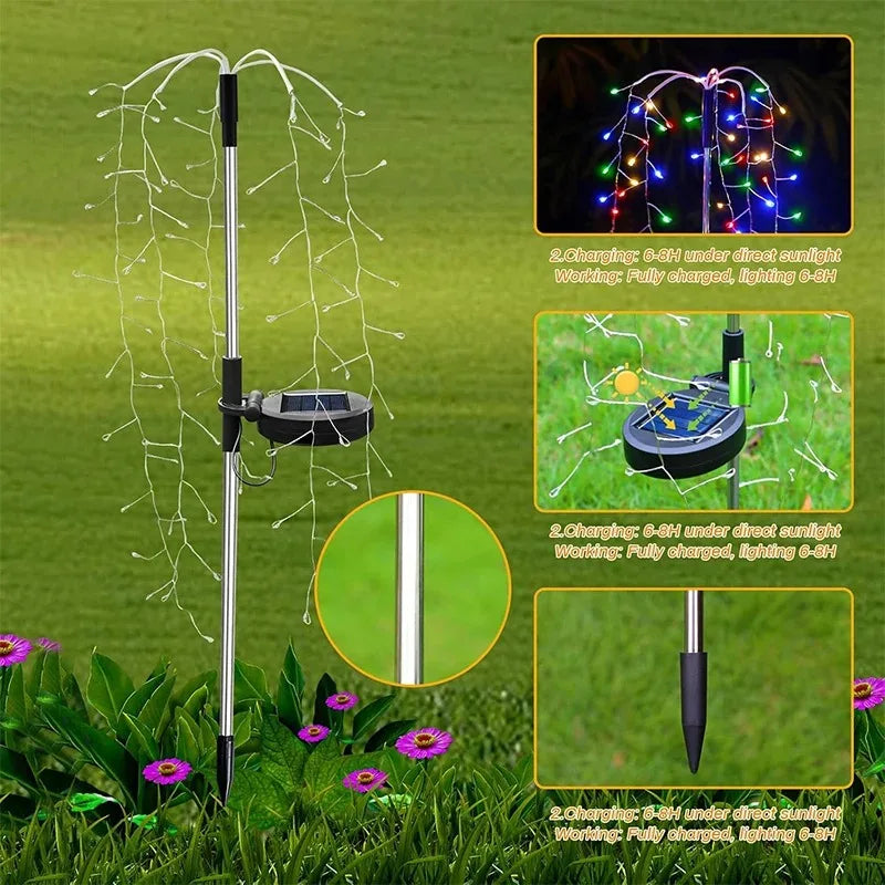 A silver stake with a wire frame light fixture is shown in a garden setting, demonstrating solar-powered lighting.