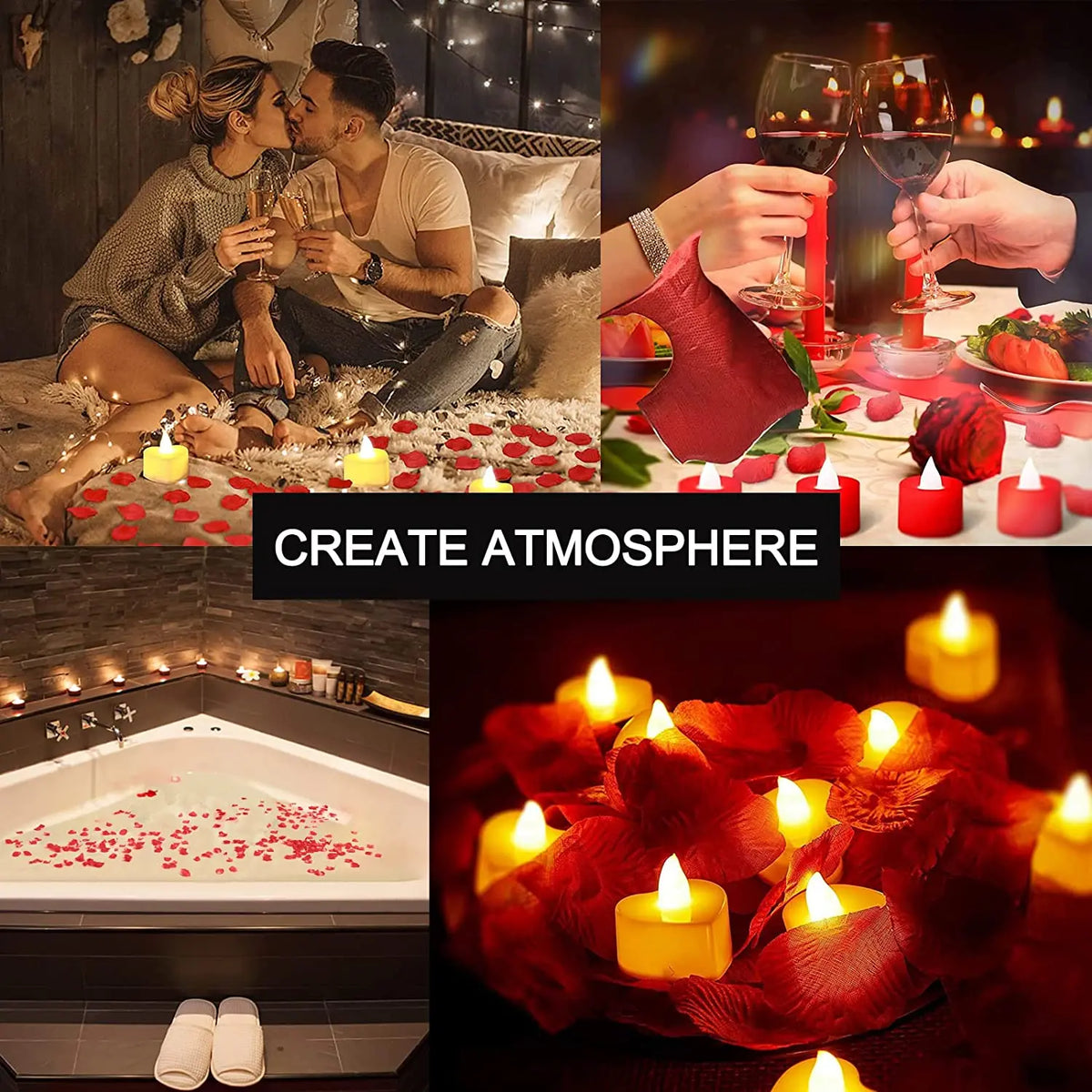 A collage showing romantic scenes and close-ups of red and orange candles creating an atmosphere.