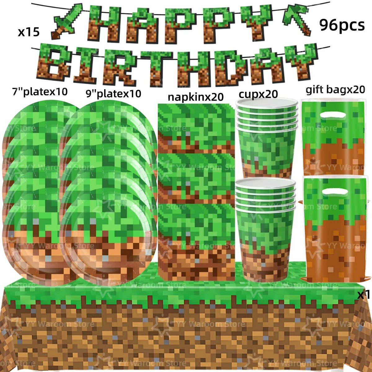 A set of miner-themed birthday party supplies including a banner, green plates, cups, and gift bags.