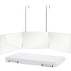 A portable trifold vanity mirror with adjustable hooks and a white base.