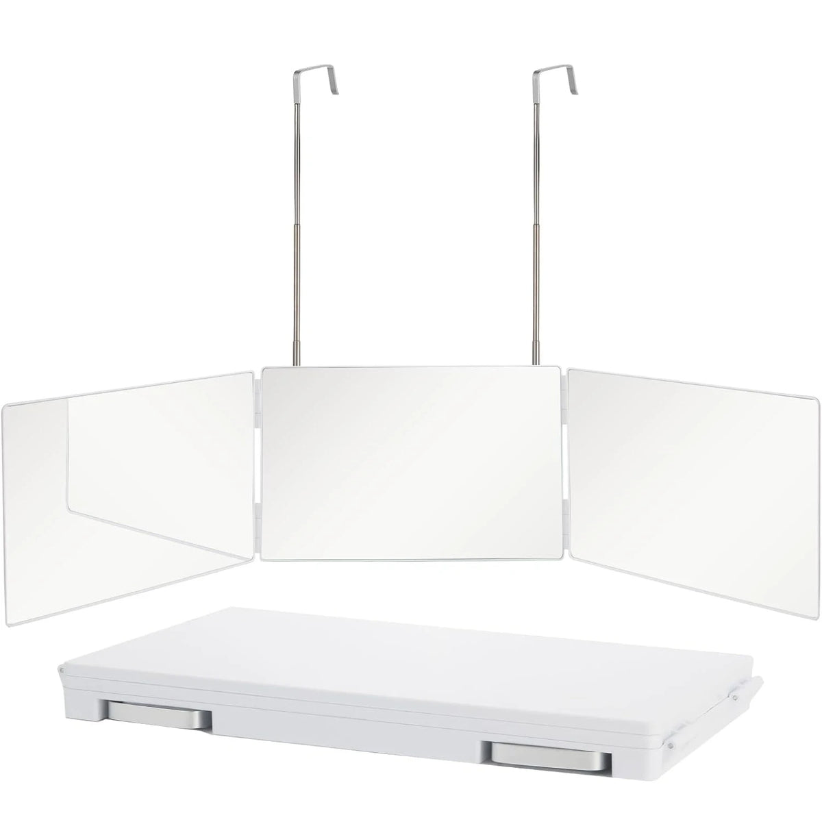 A portable trifold vanity mirror with adjustable hooks and a white base.