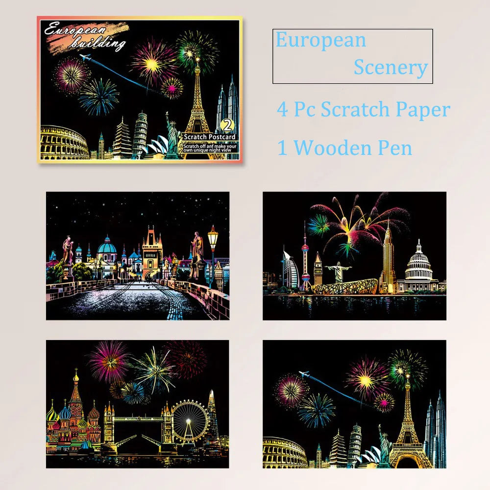 A DIY scratch painting art kit featuring scenes like the Eiffel Tower and historical cityscapes on paper.