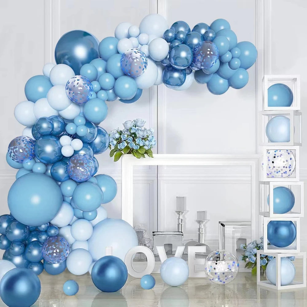 A blue latex balloon garland kit featuring various shades of blue and purple balloons displayed on a white background.