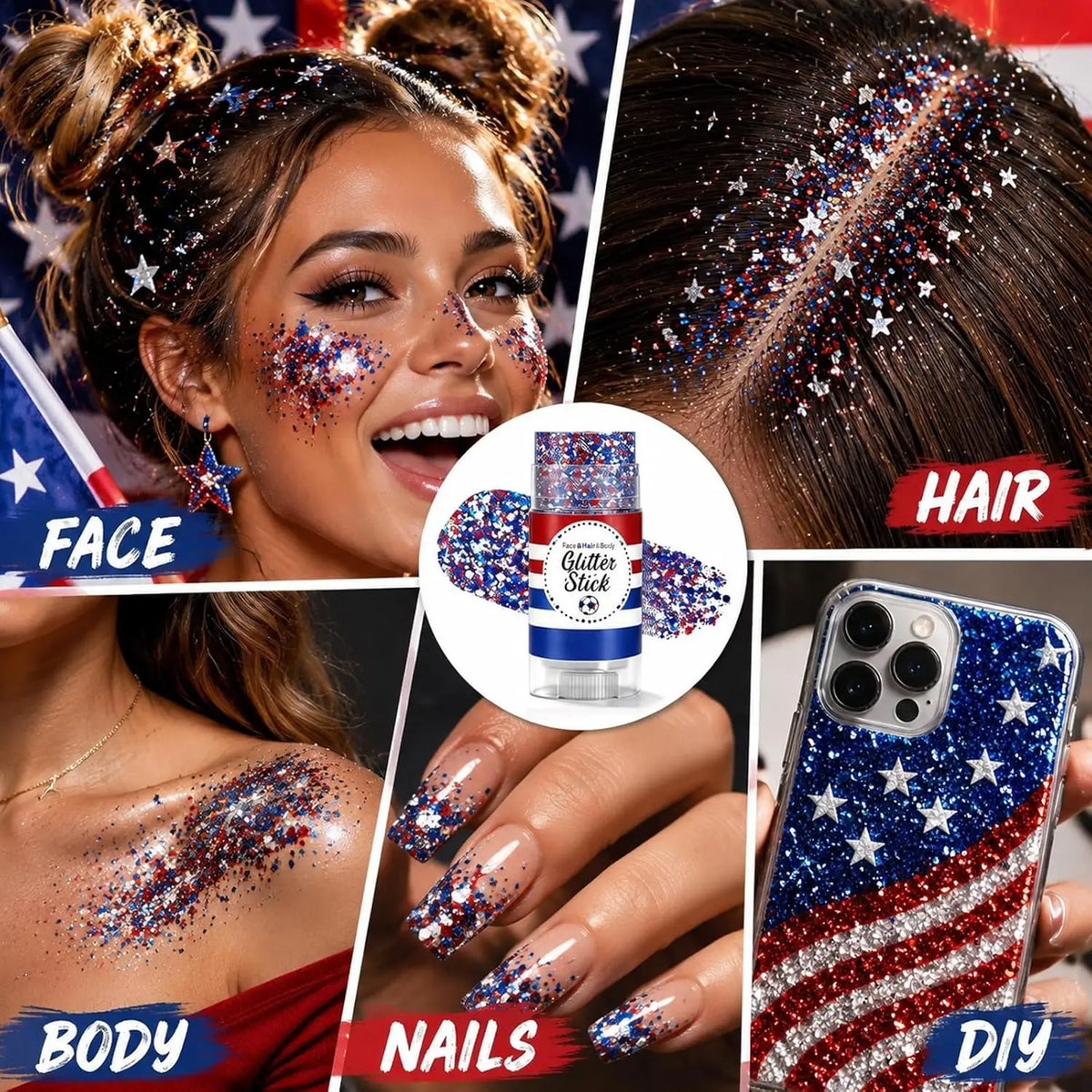 Gros plan d'une femme présentant des designs de bâtonnet de paillettes waterproof multi-usage sur son visage, son corps et se