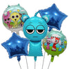 A set of blue and green balloons featuring characters from Sprunk to a party theme