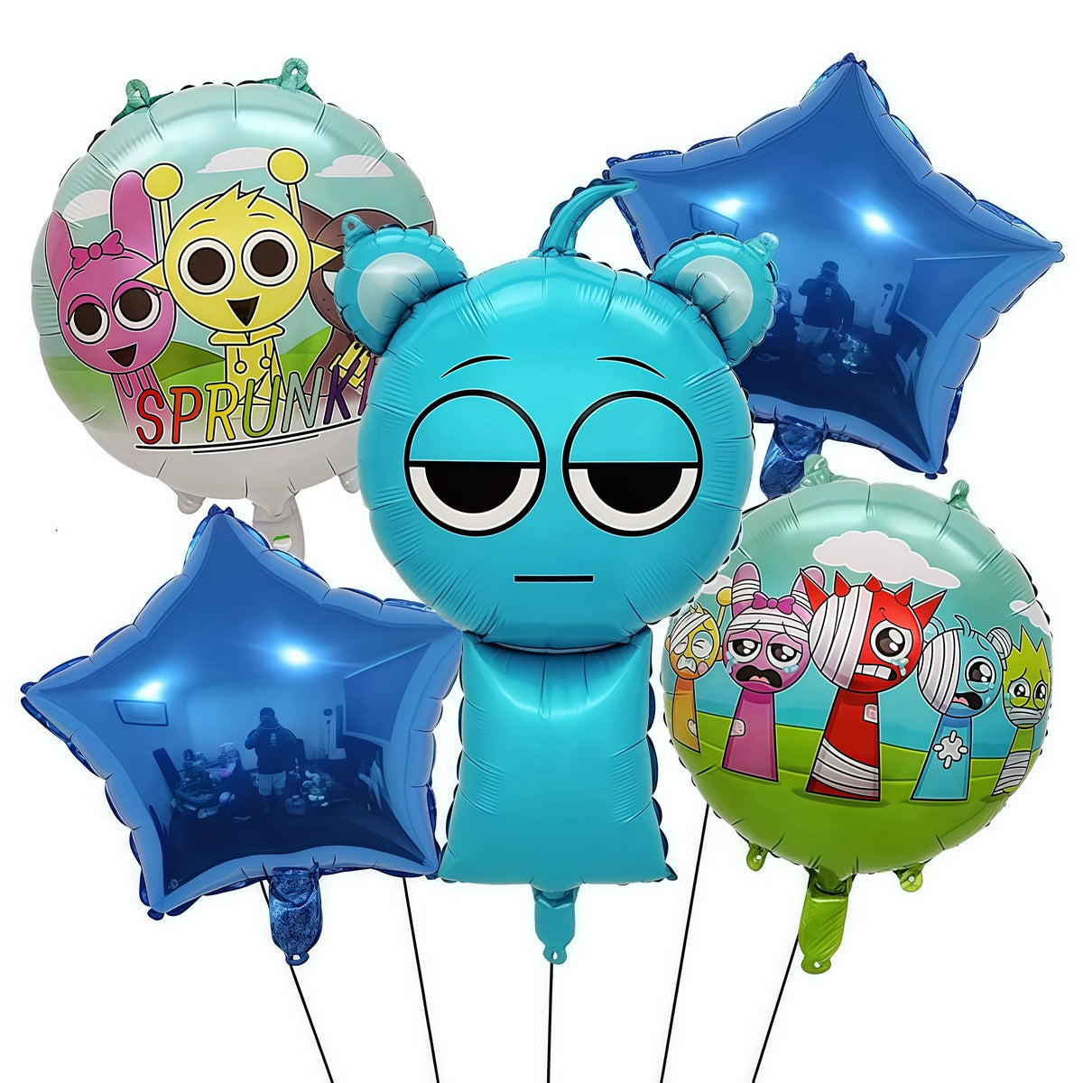 A set of blue and green balloons featuring characters from Sprunk to a party theme