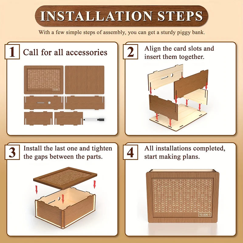 Installation steps for assembling a wooden savings box with progress tracker from various wooden parts.