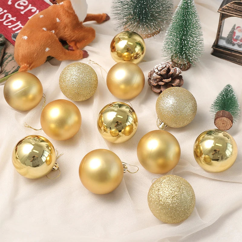 A collection of 24 festive gold and glitter Christmas baubles for holiday tree and decor.