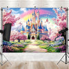 A vibrant fantasy photo backdrop banner featuring a fairytale castle, pink cherry blossoms, and a colorful rainbow sky.