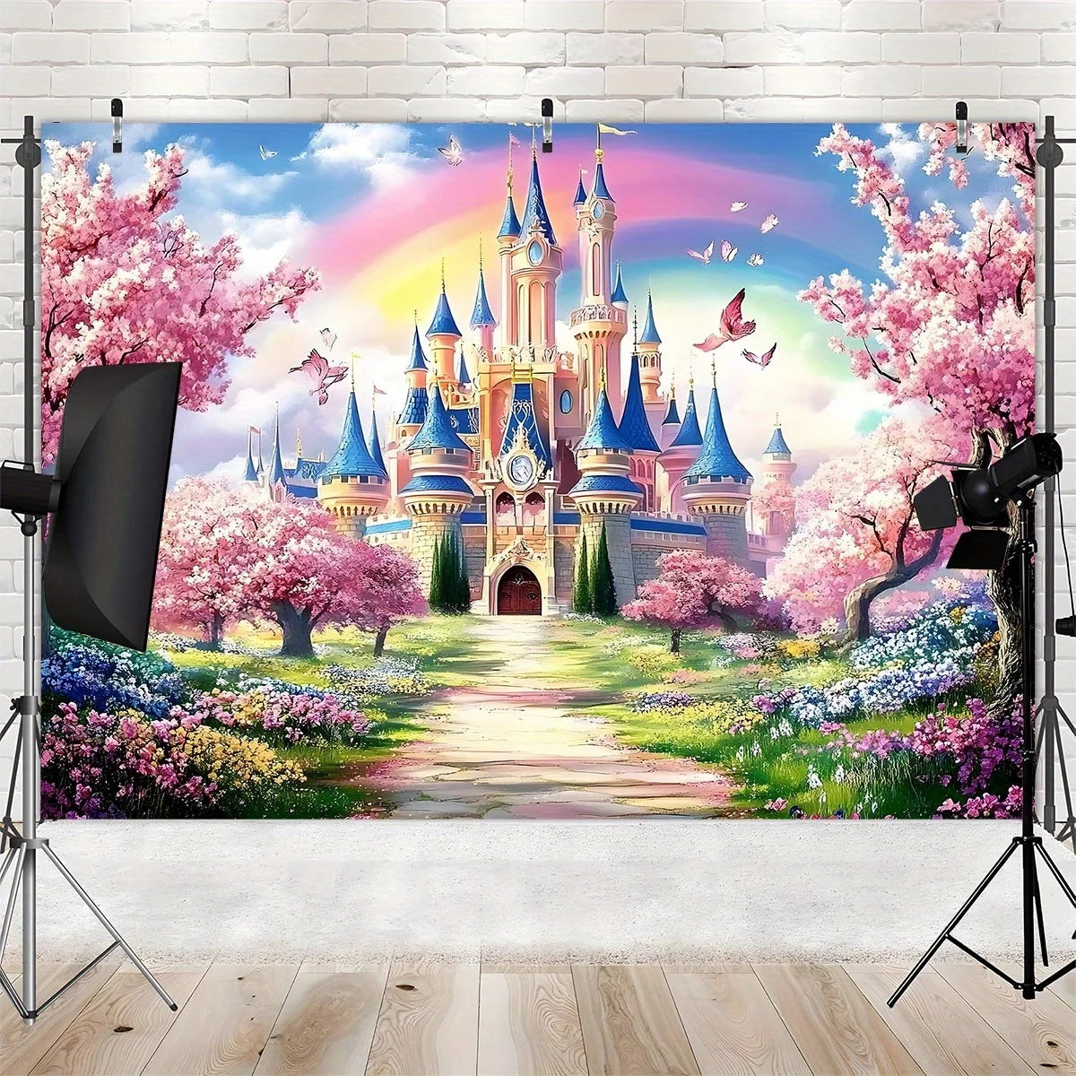 A vibrant fantasy photo backdrop banner featuring a fairytale castle, pink cherry blossoms, and a colorful rainbow sky.