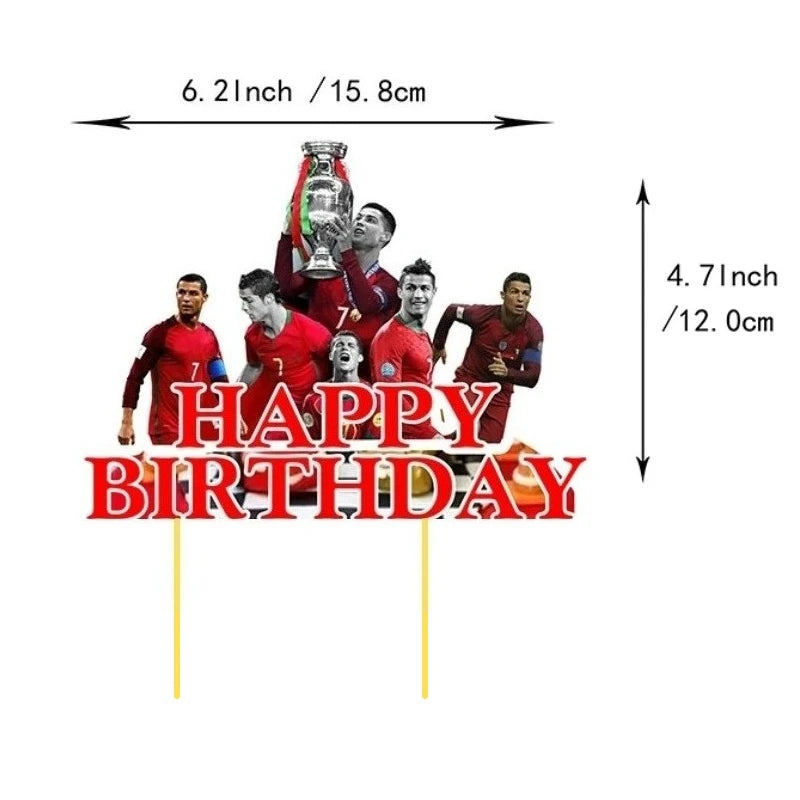 A group of soccer players and a trophy celebrating a happy birthday with text on a banner.