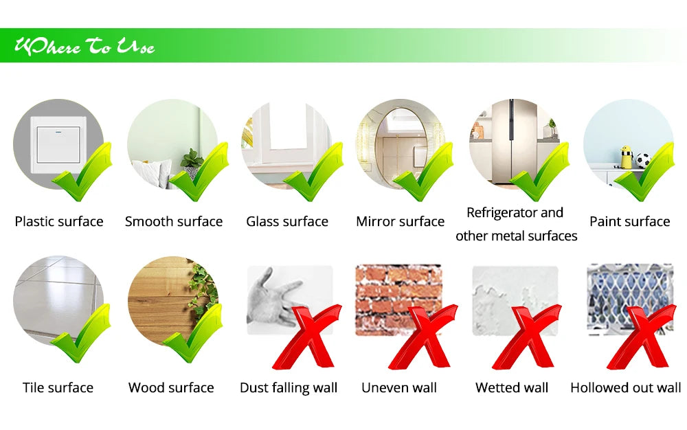 A set of decorative kitchen wall stickers showing various surfaces like plastic, glass, mirror, refrigerator, paint, tile, wo