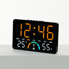 A black digital alarm clock displaying the time 12:46, temperature, and humidity percentage.